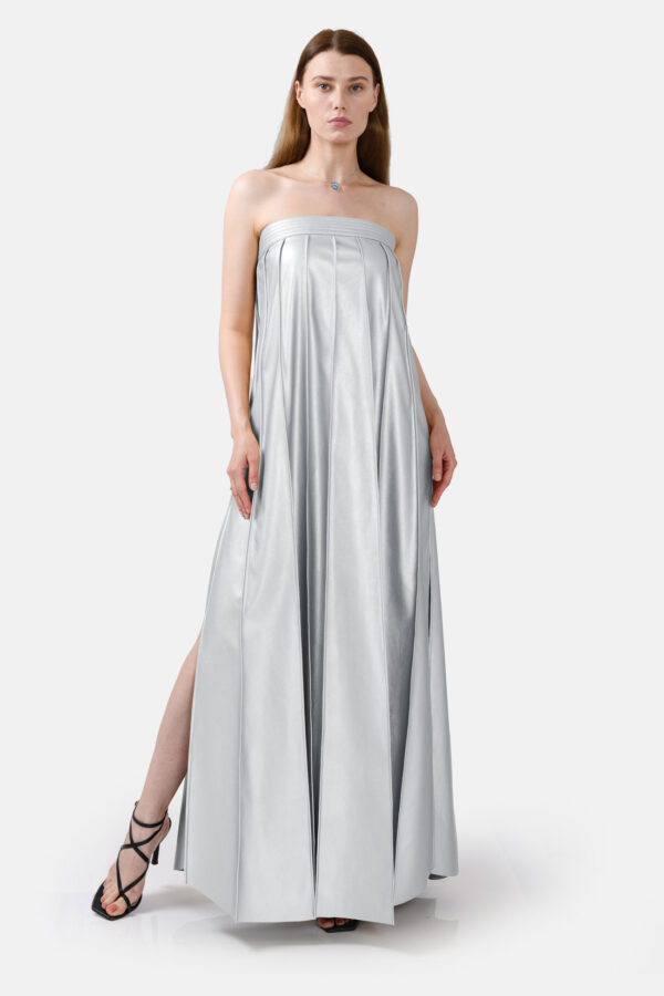 Silver Vegan Leather Pleated Maxi Dress Kargede Designer Dress Front Out - Desire – Silver Strapless Pleated Maxi Dress, Vegan Leather