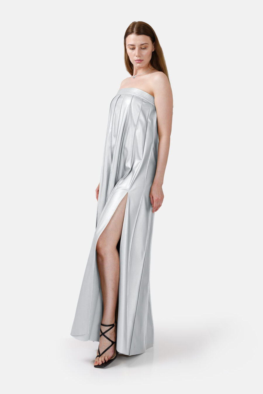 Silver Vegan Leather Pleated Maxi Dress Kargede Designer Dress Side - Desire – Silver Strapless Pleated Maxi Dress, Vegan Leather