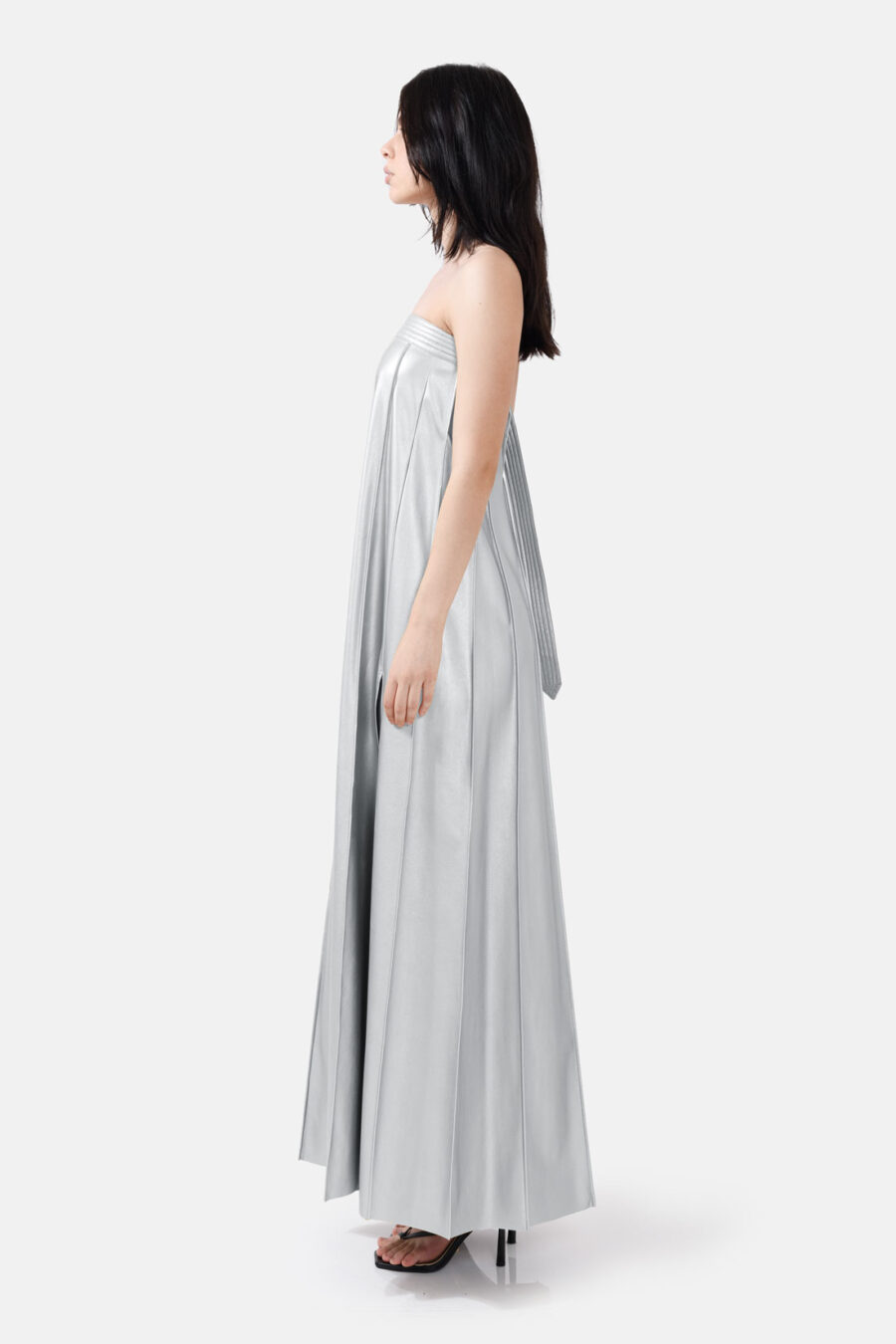 Silver Vegan Leather Pleated Maxi Dress Kargede Designer Dress Side Avila - Desire – Silver Strapless Pleated Maxi Dress, Vegan Leather