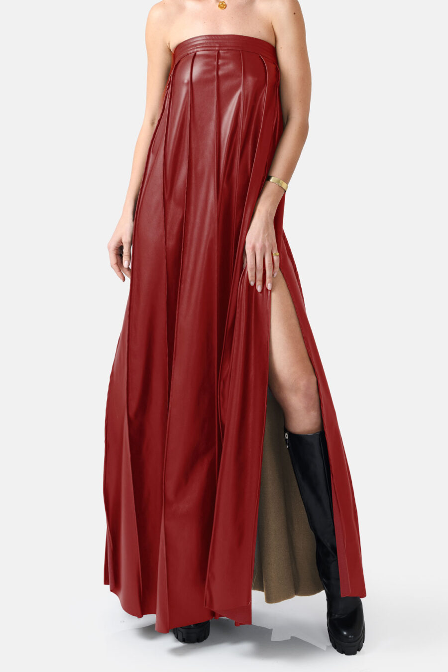 Bright Red Vegan Leather Pleated Maxi Dress Kargede Designer Dress Front 2 - Desire – Red Strapless Pleated Maxi Dress, Vegan Leather