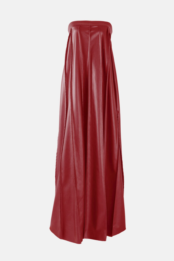 Bright Red Vegan Leather Pleated Maxi Dress Kargede Designer Dress GM - Desire – Red Strapless Pleated Maxi Dress, Vegan Leather