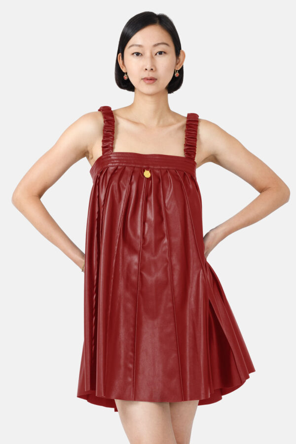 Red Vegan Leather Pleated Mini Dress Kargede Designer Dress Front - Kargede - Women's Designer Fashion Clothing Sustainably Made