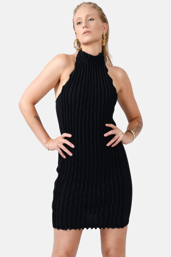 Black Rib Knit Dress Pleated Knitwear Kargede Designer Dress Front No Tie - Reishi – Black Rib Knit Mini Dress