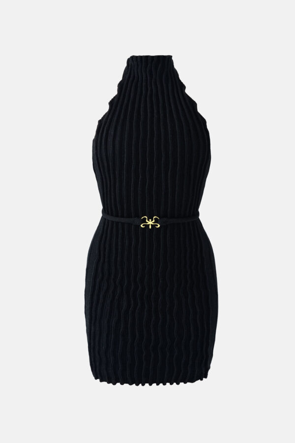 Black Rib Knit Dress Pleated Knitwear Kargede Designer Dress GM - Reishi – Black Rib Knit Mini Dress