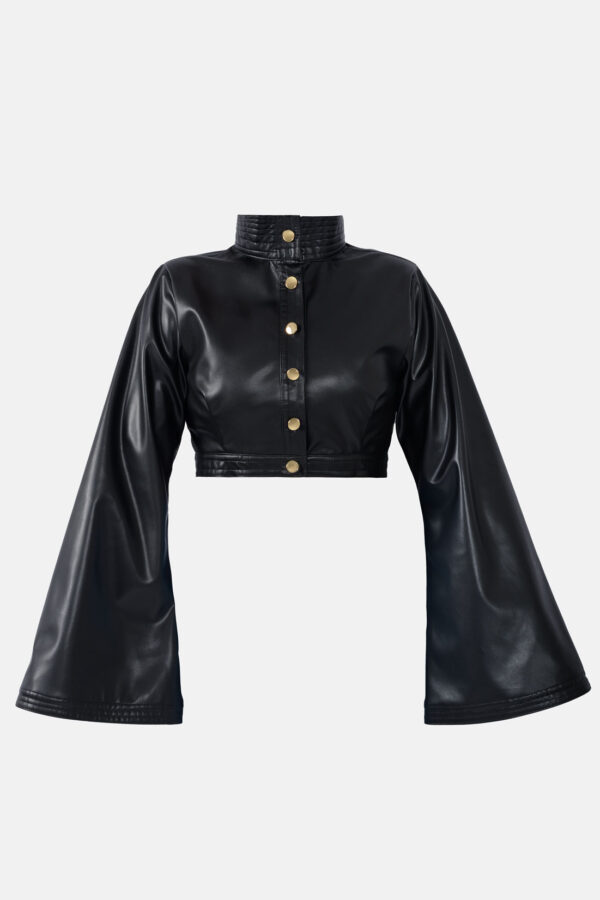 Black Vegan Leather Cropped Jacket Kargede Designer Jacket Front GM - Hush – Vegan Leather Cropped Jacket Black - Kargede