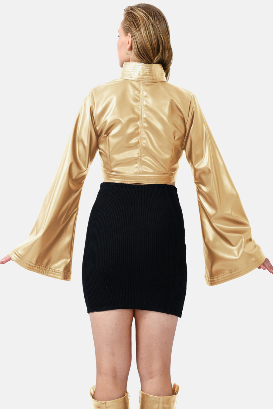 Gold Vegan Leather Cropped Jacket Kargede Designer Jacket Back - Hush – Vegan Leather Cropped Jacket Gold - Kargede