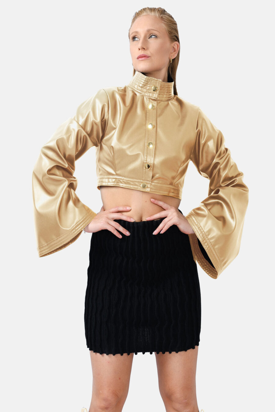 Gold Vegan Leather Cropped Jacket Kargede Designer Jacket Front Close - Hush – Vegan Leather Cropped Jacket Gold - Kargede