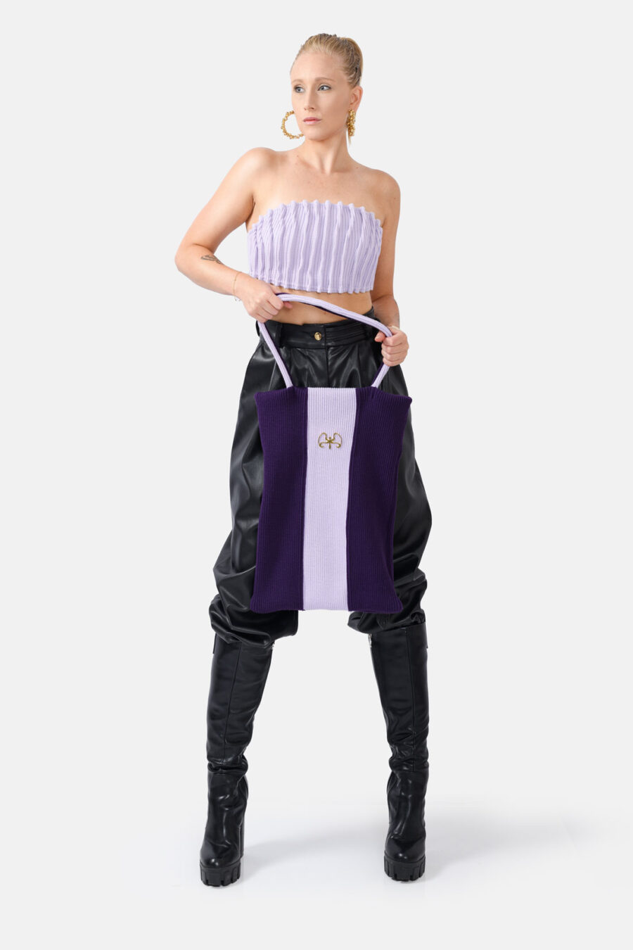 Purple Lilac Purple Tie Rib Knit Tote Bag Kargede Designer Tote Bag Model Shot - Forager – Rib Knit Tote Bag Lilac Purple