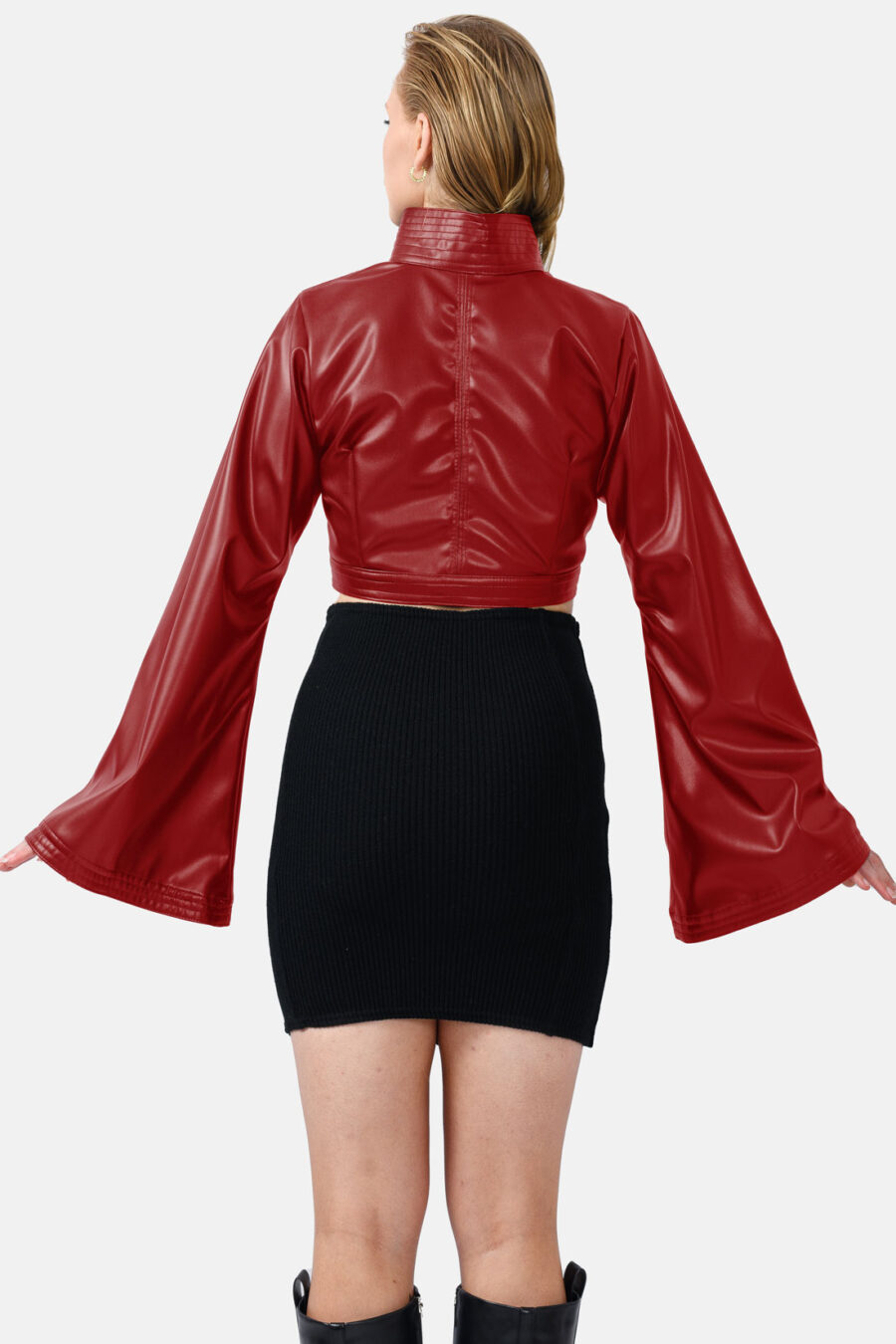 Red Vegan Leather Cropped Jacket Kargede Designer Jacket Back - Hush – Vegan Leather Cropped Jacket Red