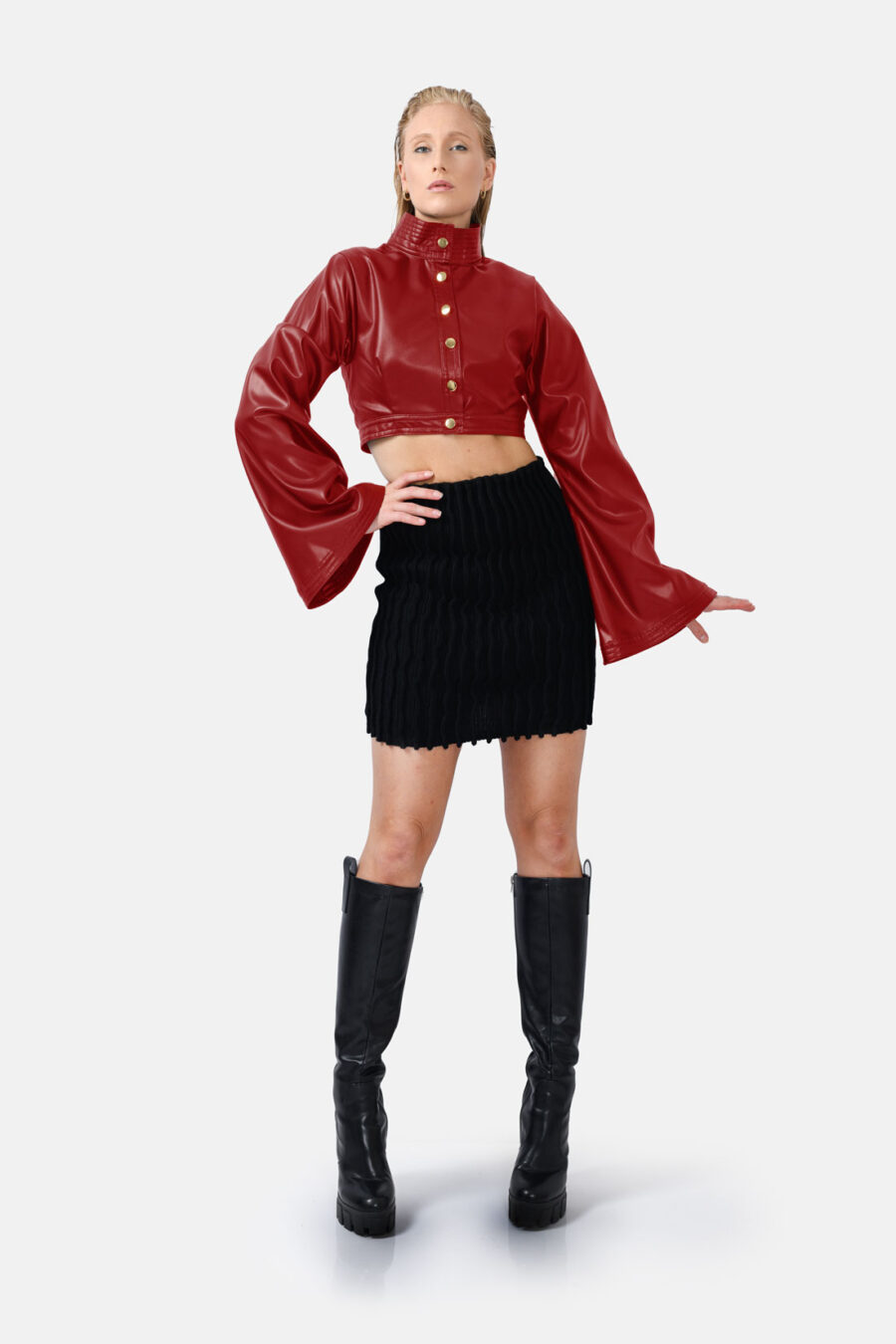 Red Vegan Leather Cropped Jacket Kargede Designer Jacket Front - Hush – Vegan Leather Cropped Jacket Red