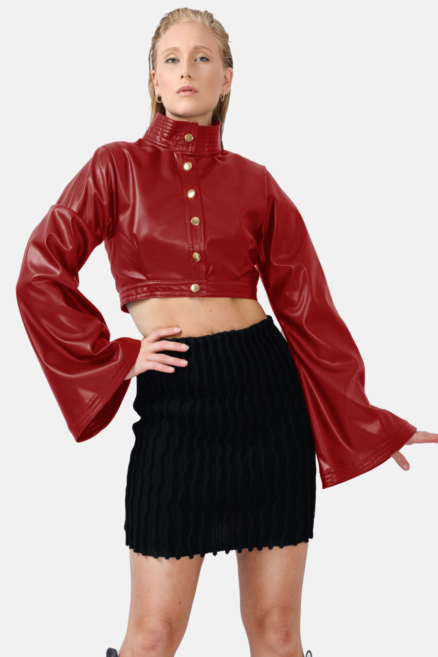 Red Vegan Leather Cropped Jacket Kargede Designer Jacket Front Close - Hush – Vegan Leather Cropped Jacket Red