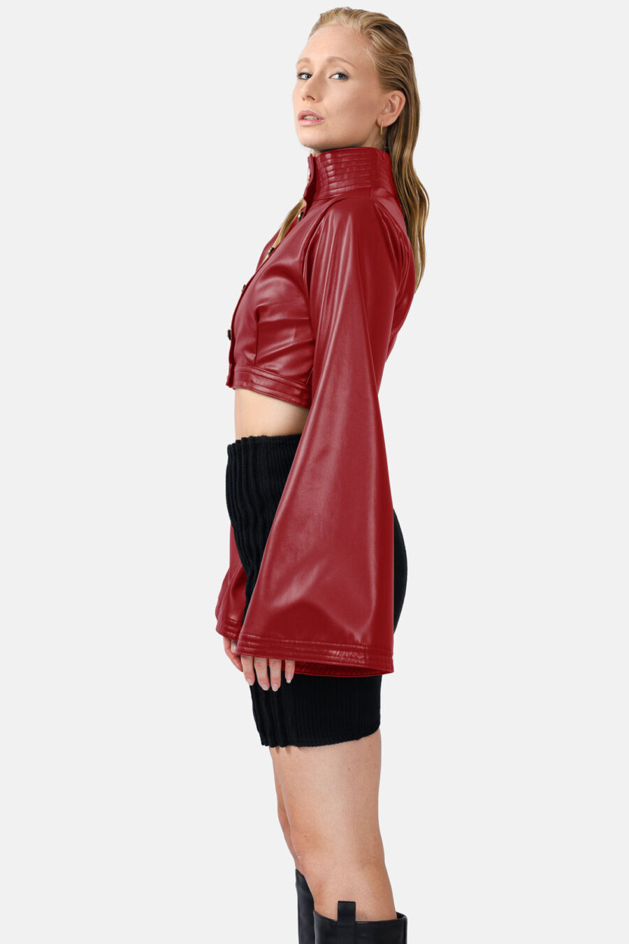 Red Vegan Leather Cropped Jacket Kargede Designer Jacket Side - Hush – Vegan Leather Cropped Jacket Red