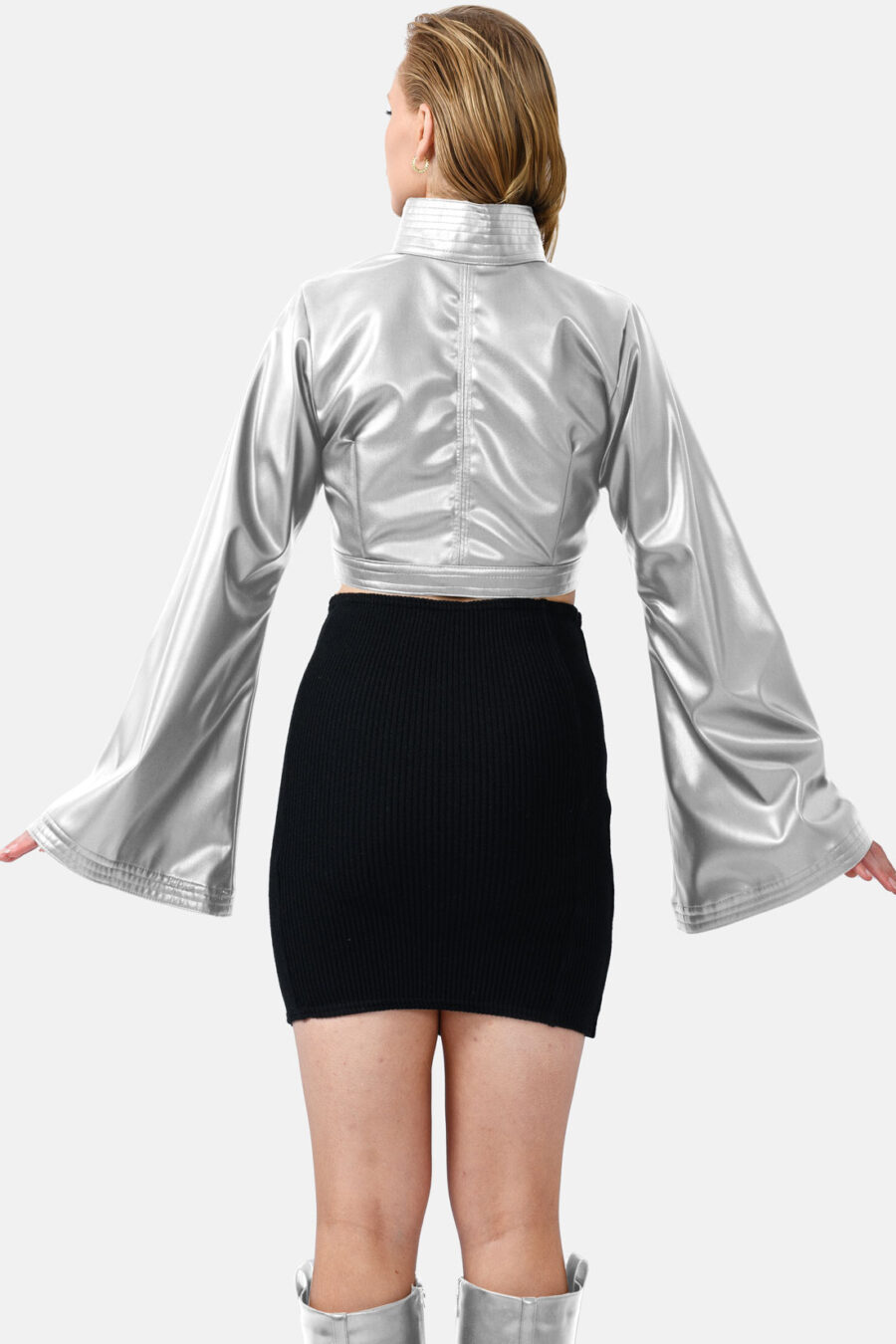 Silver Vegan Leather Cropped Jacket Kargede Designer Jacket Back - Hush – Vegan Leather Cropped Jacket Silver