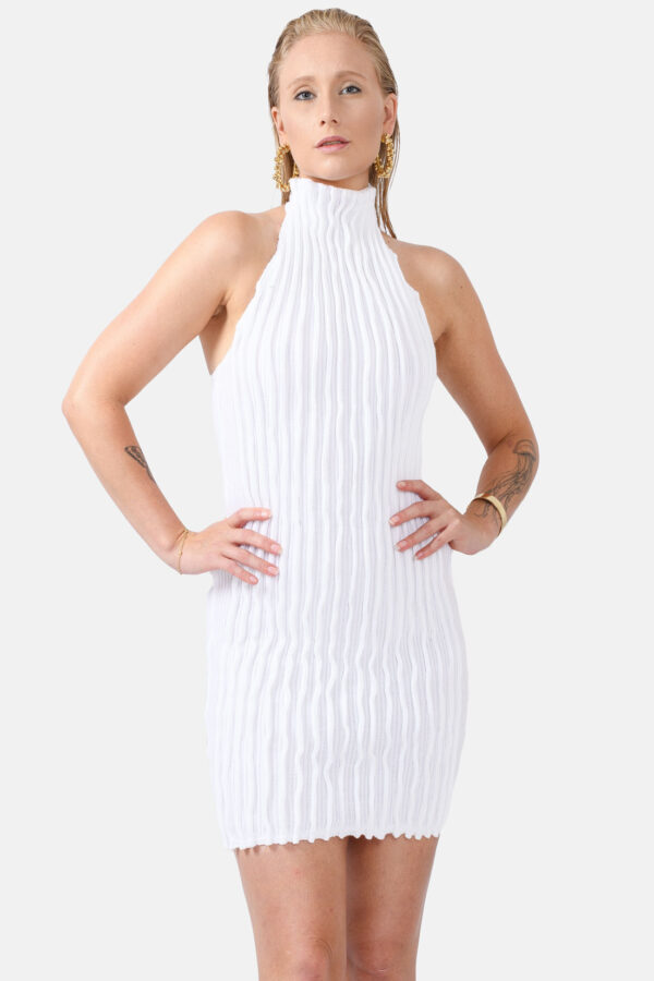 White Ribbed Knit Halter Dress Pleated Kargede Designer Halter Dress Knitwear Front No Tie - Reishi – White Rib Knit Mini Dress