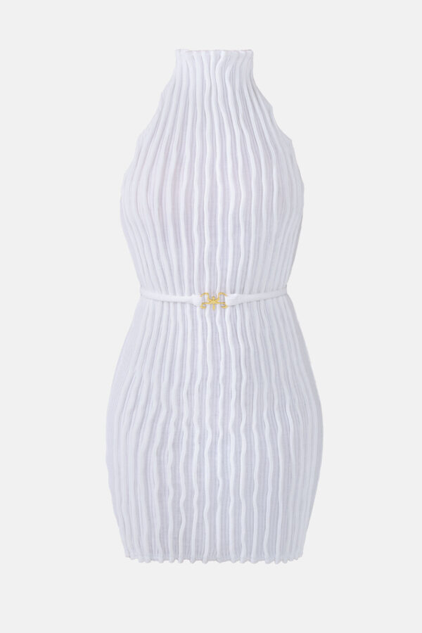 White Ribbed Knit Halter Dress Pleated Kargede Designer Halter Dress Knitwear GM - Reishi – White Rib Knit Mini Dress