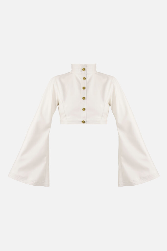 White Vegan Leather Cropped Jacket Kargede Designer Jacket GM2