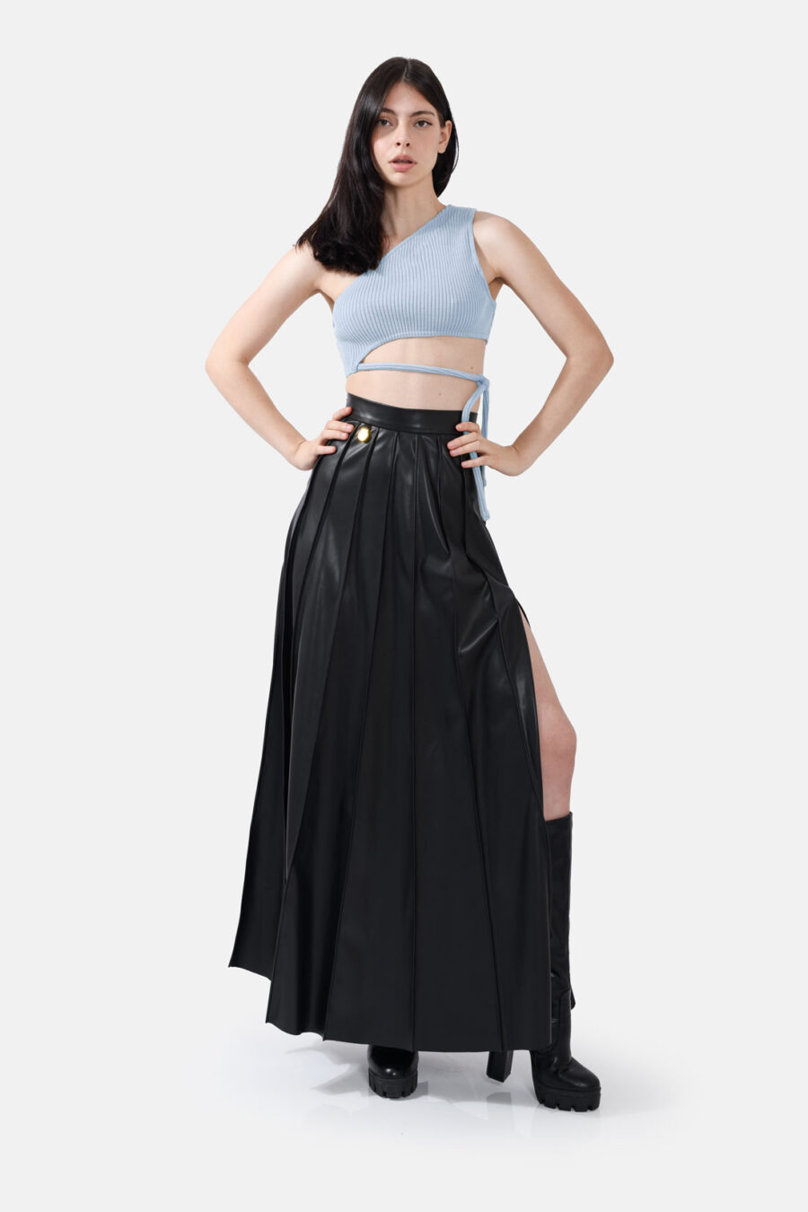 Blue Rib Knit Crop Top One Shoulder Kargede Designer Crop Top Front Avila - Seeker – Blue Rib Knit Crop Top