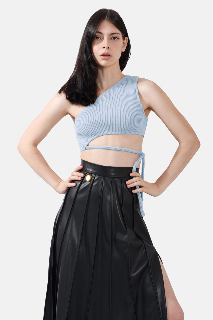 Blue Rib Knit Crop Top One Shoulder Kargede Designer Crop Top Front Avila Close - Seeker – Blue Rib Knit Crop Top