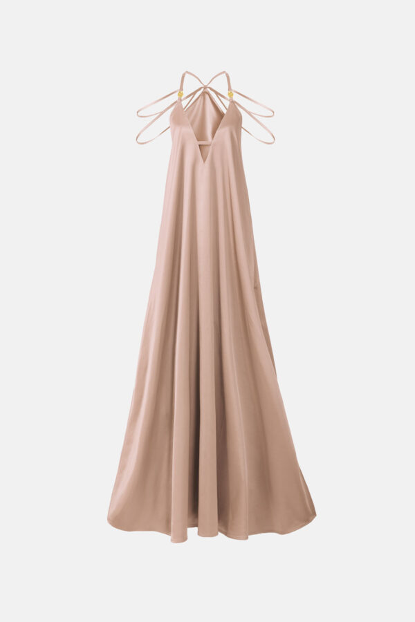 Beige Maxi Dress Straps Ruffled Hem Kargede Designer Mini Dress GM - Breeze – Beige Satin Maxi Dress