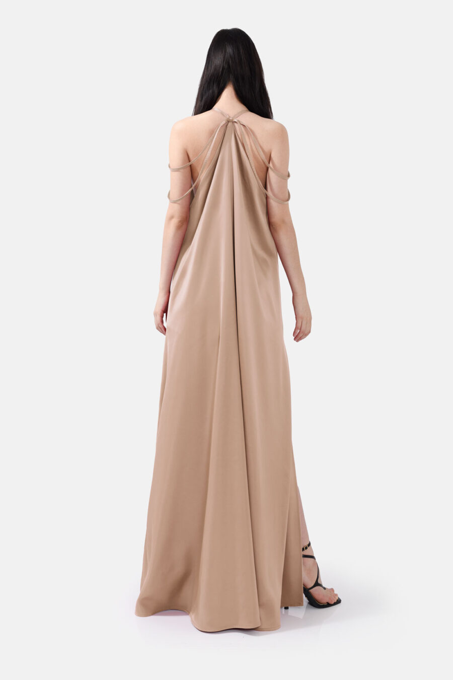 Beige Satin Maxi Dress Straps Ruffled Hem Kargede Designer Maxi Dress Back Aliva - Breeze – Beige Satin Maxi Dress