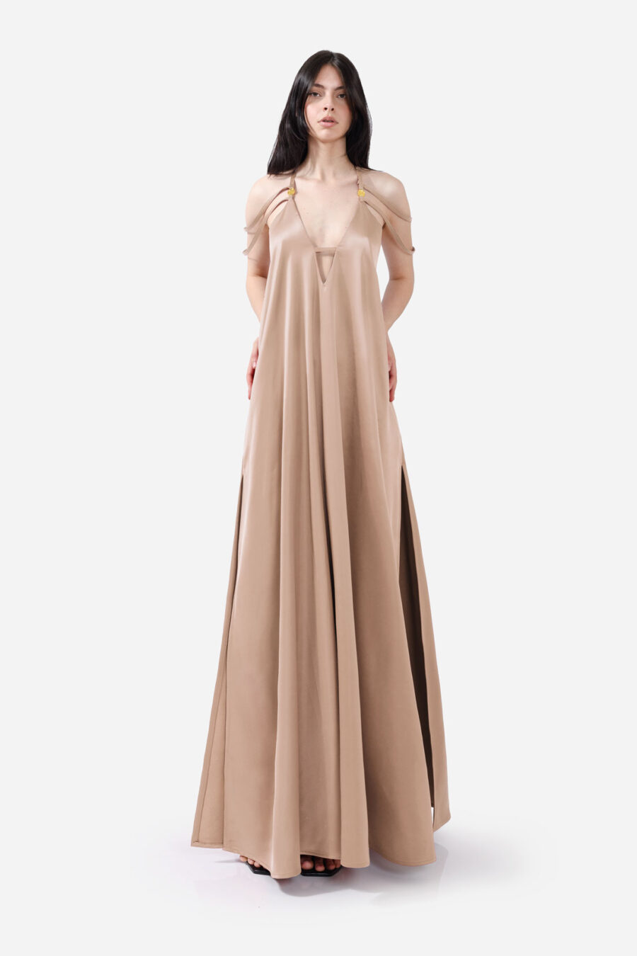 Beige Satin Maxi Dress Straps Ruffled Hem Kargede Designer Maxi Dress Front Aliva - Breeze – Beige Satin Maxi Dress