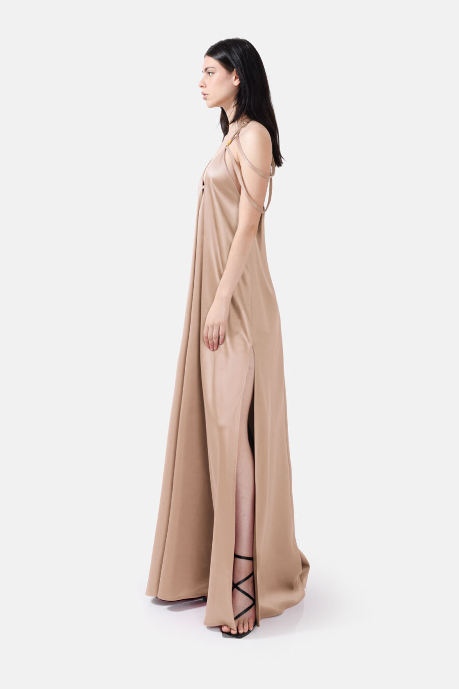 Beige Satin Maxi Dress Straps Ruffled Hem Kargede Designer Maxi Dress Side Aliva - Breeze – Beige Satin Maxi Dress