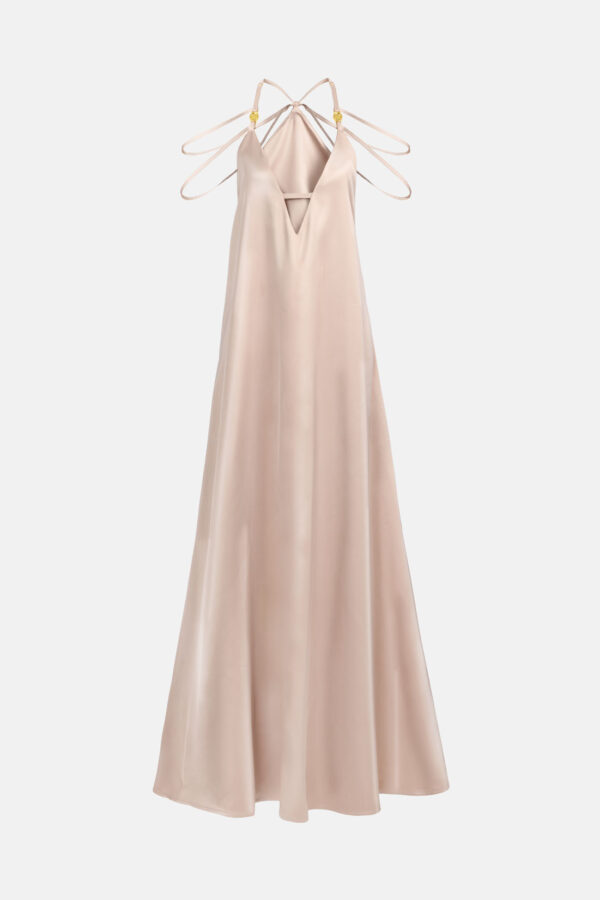 Beige Satin Maxi Dress Straps Ruffled Hem Kargede Designer Mini Dress GM2 - Breeze – Beige Satin Slit Maxi Dress