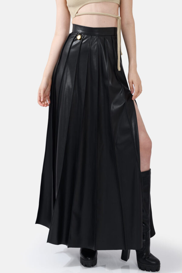 Black Pleated Vegan Leather Maxi Skirt Kargede Designer Skirt Front Avila Close - Solace – Pleated Black Vegan Leather Maxi Skirt