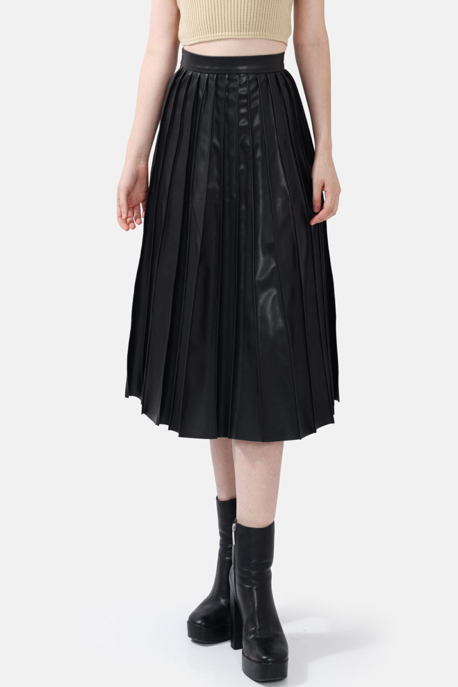 Black Pleated Vegan Leather Midi Skirt Kargede Designer Skirt Front Avila - Solace – Pleated Black Vegan Leather Midi Skirt