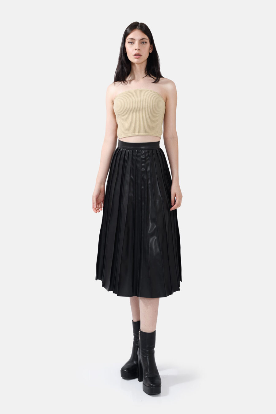 Black Pleated Vegan Leather Midi Skirt Kargede Designer Skirt Front Avila Out - Solace – Pleated Black Vegan Leather Midi Skirt