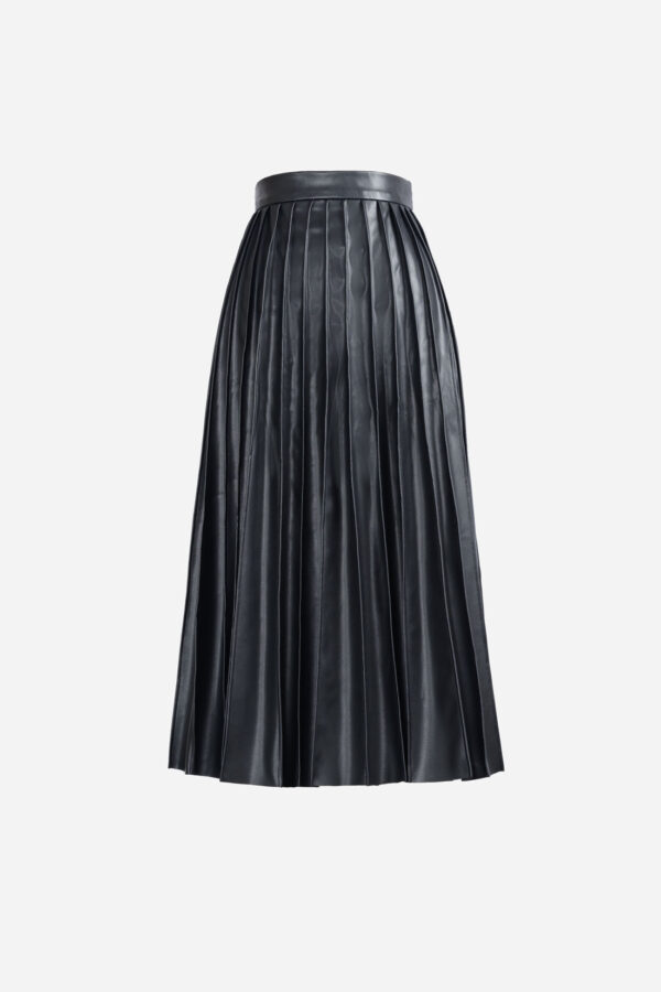 Black Pleated Vegan Leather Midi Skirt Kargede Designer Skirt GM - Solace – Pleated Black Vegan Leather Midi Skirt