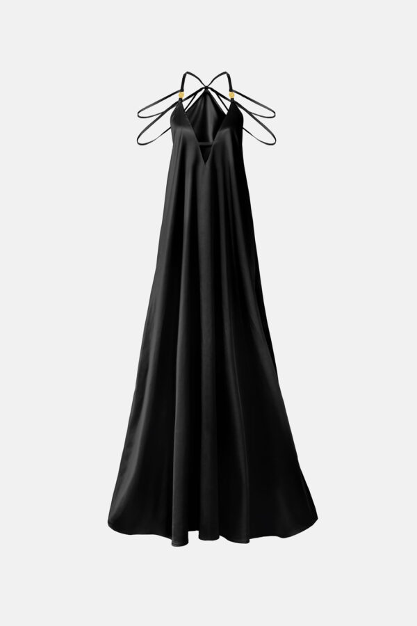 Black Satin Maxi Dress Straps Ruffled Hem Kargede Designer Mini Dress GM - Breeze – Black Satin Maxi Dress