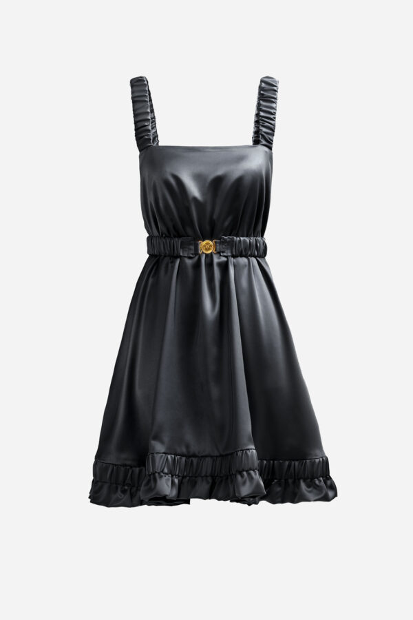 Black Satin Mini Dress Straps Ruffled Hem Kargede Designer Mini Dress GM - Ripple – Black Satin Slip Mini Dress