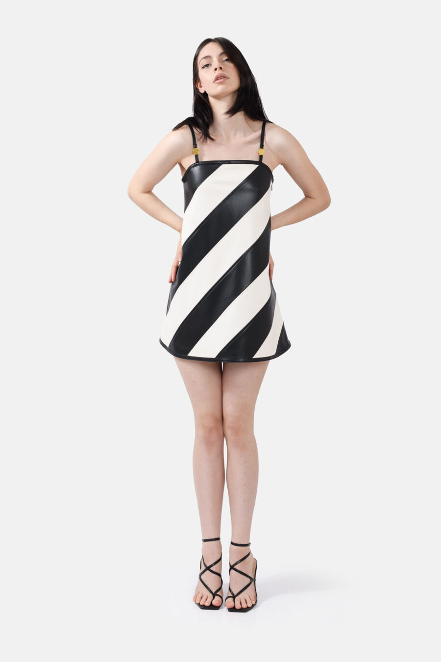 Black White Vegan Leather Strap Mini Dress Kargede Designer Dress Front Avila - Tempest – Striped White & Black Vegan Leather Mini Dress