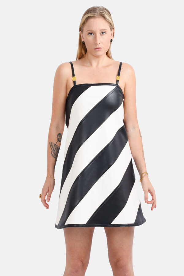 Black White Vegan Leather Strap Mini Dress Kargede Designer Dress Front - Siren – Black and White Stripe Vegan Leather Mini Dress