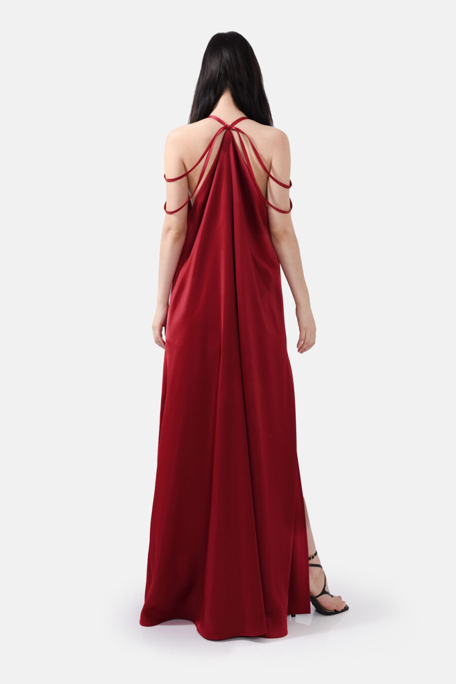 Crimson Satin Maxi Dress Straps Ruffled Hem Kargede Designer Maxi Dress Back Aliva - Breeze – Red Satin Maxi Dress