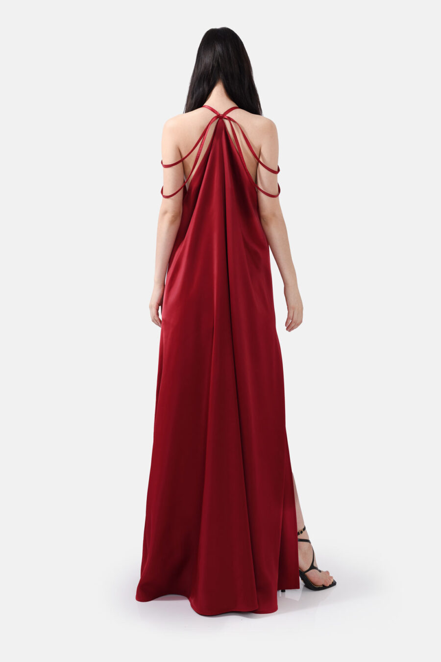 Crimson Satin Maxi Dress Straps Ruffled Hem Kargede Designer Maxi Dress Back Aliva - Breeze – Red Satin Maxi Dress