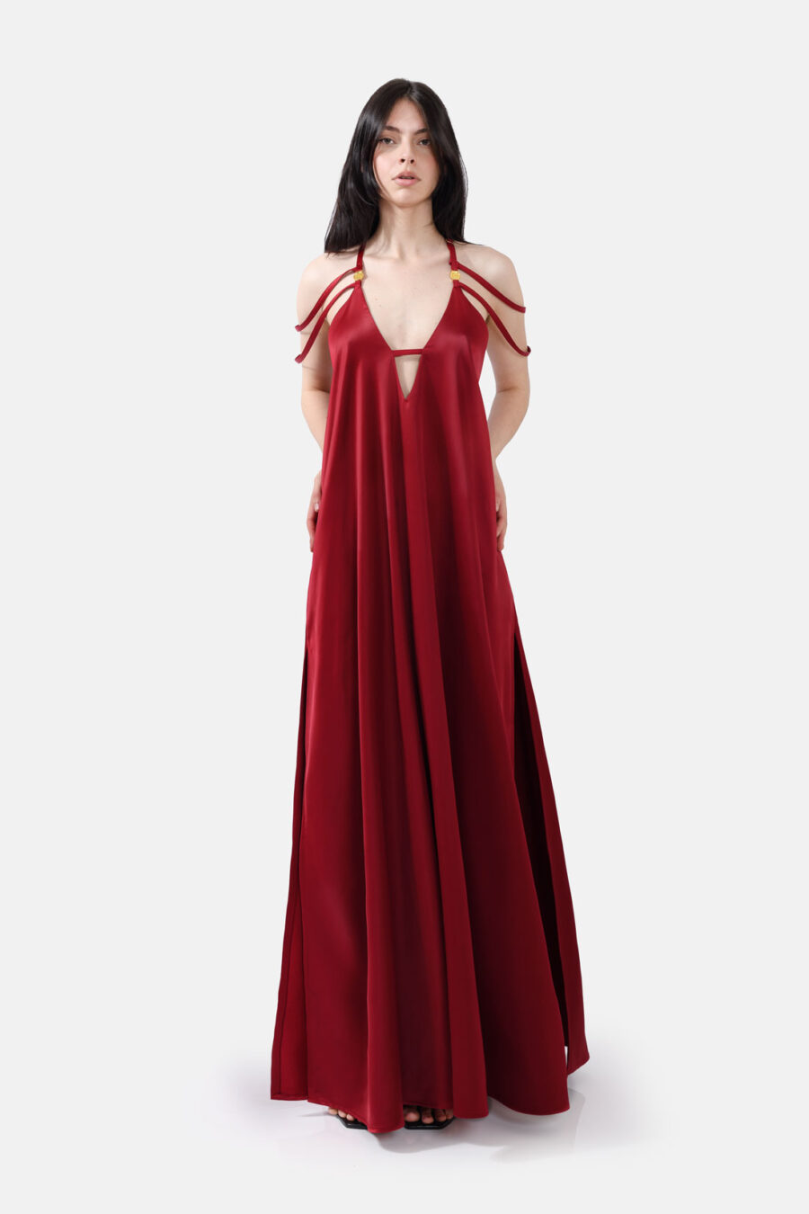 Crimson Satin Maxi Dress Straps Ruffled Hem Kargede Designer Maxi Dress Front Aliva - Breeze – Red Satin Maxi Dress