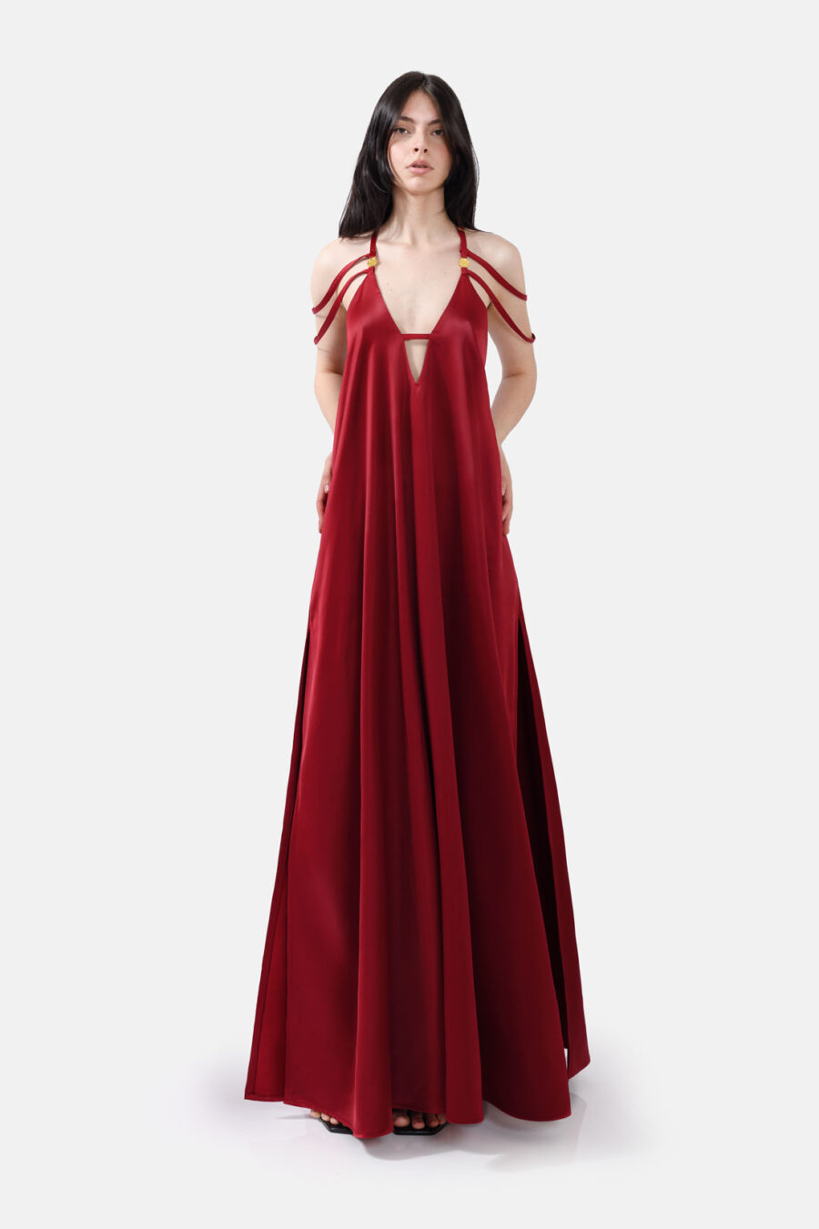 Crimson Satin Maxi Dress Straps Ruffled Hem Kargede Designer Maxi Dress Front Aliva - Breeze – Red Satin Maxi Dress