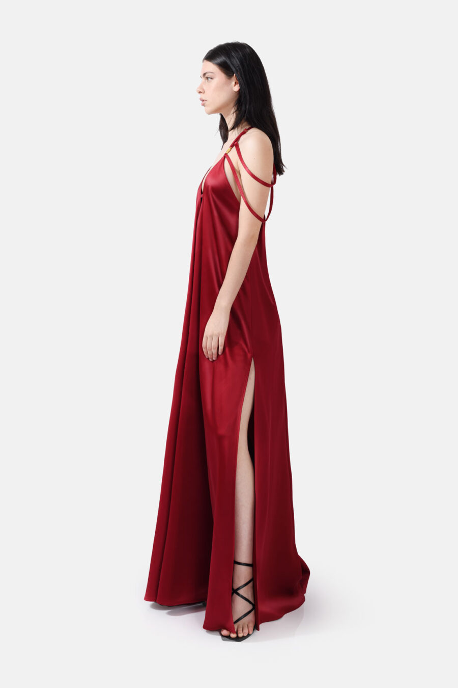 Crimson Satin Maxi Dress Straps Ruffled Hem Kargede Designer Maxi Dress Side Aliva - Breeze – Red Satin Maxi Dress