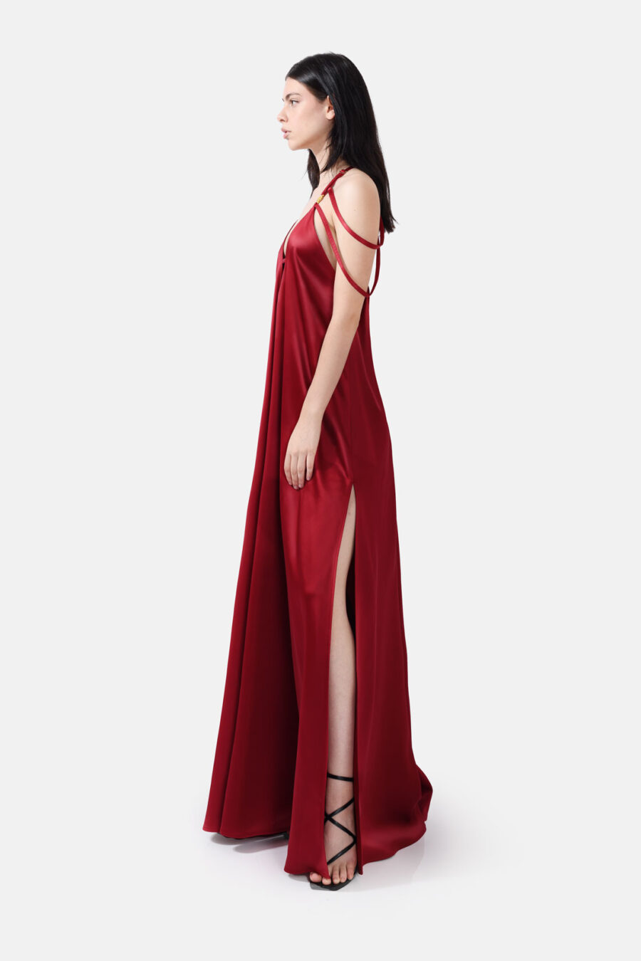 Crimson Satin Maxi Dress Straps Ruffled Hem Kargede Designer Maxi Dress Side Aliva - Breeze – Red Satin Maxi Dress