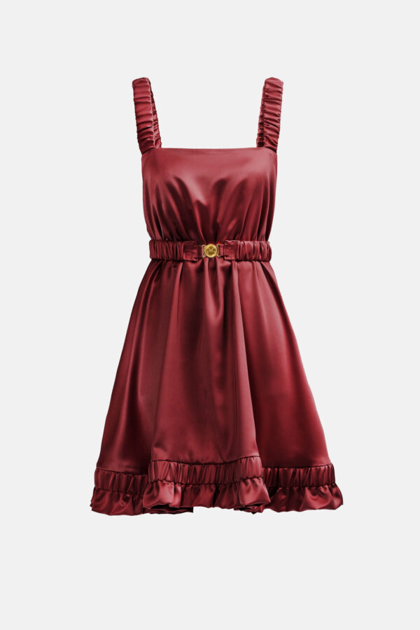 Crimson Satin Mini Dress Straps Ruffled Hem Kargede Designer Mini Dress GM - Ripple – Red Satin Slip Mini Dress