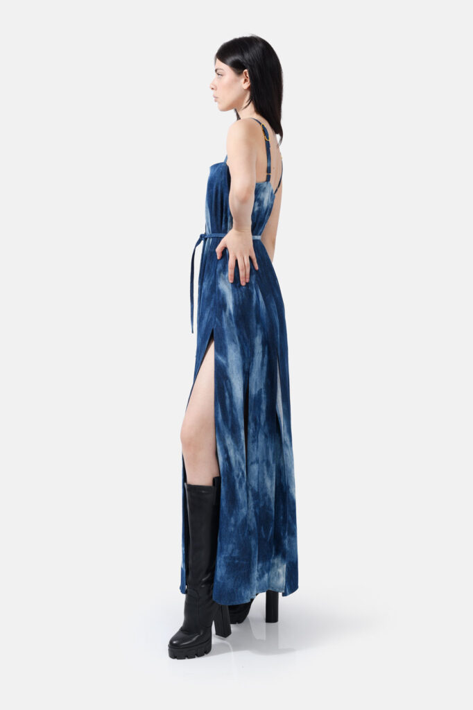 Denim Maxi Dress Strap Belt Kargede Designer Denim Dress Side Avila