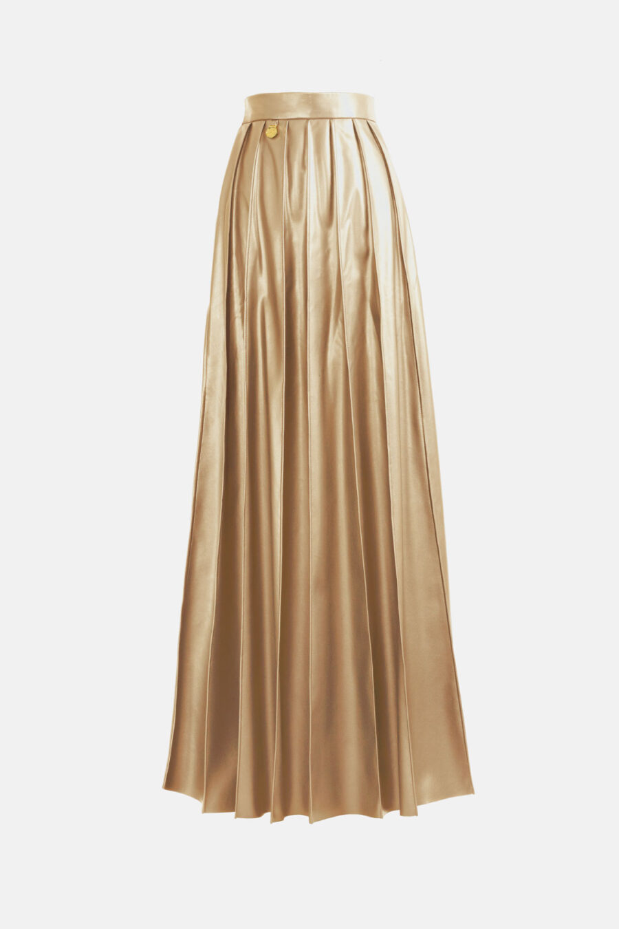 Gold Pleated Vegan Leather Maxi Skirt Kargede Designer Skirt GM2 - Solace – Pleated Gold Vegan Leather Maxi Skirt