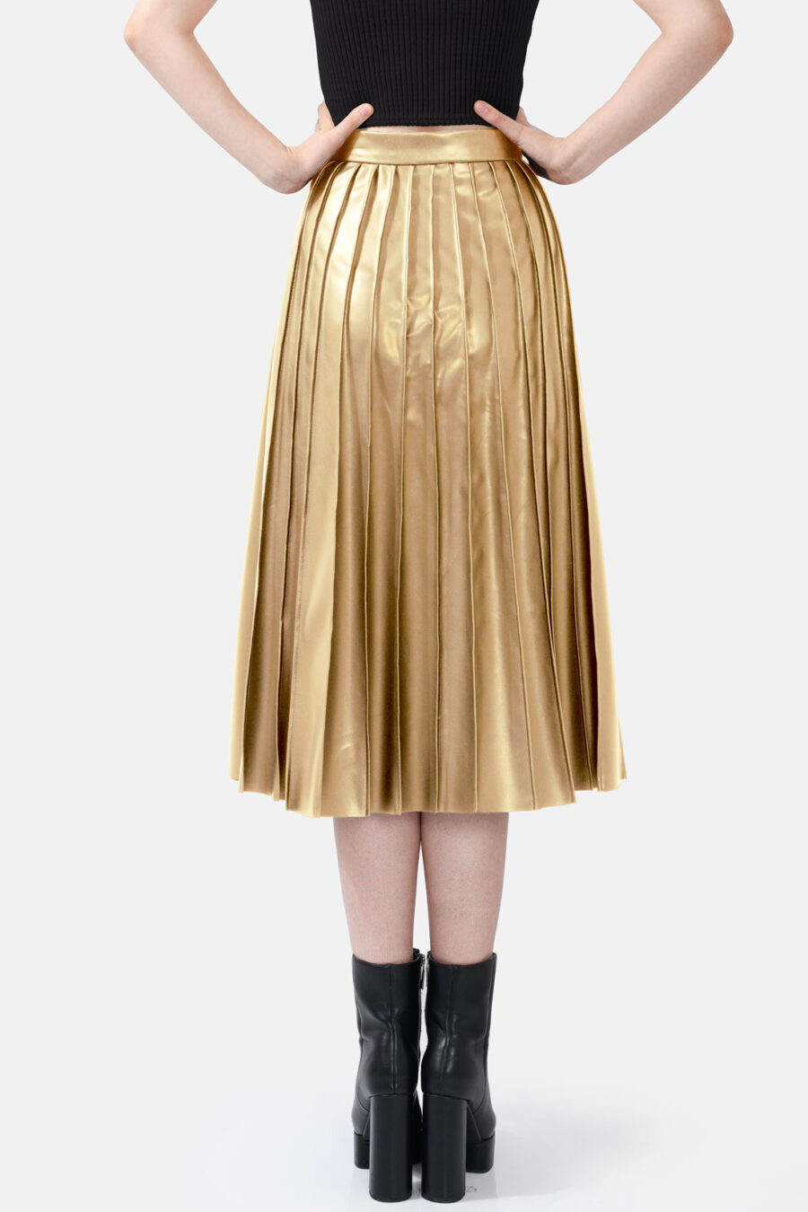 Gold Pleated Vegan Leather Midi Skirt Kargede Designer Skirt Back Avila - Solace – Pleated Gold Vegan Leather Midi Skirt