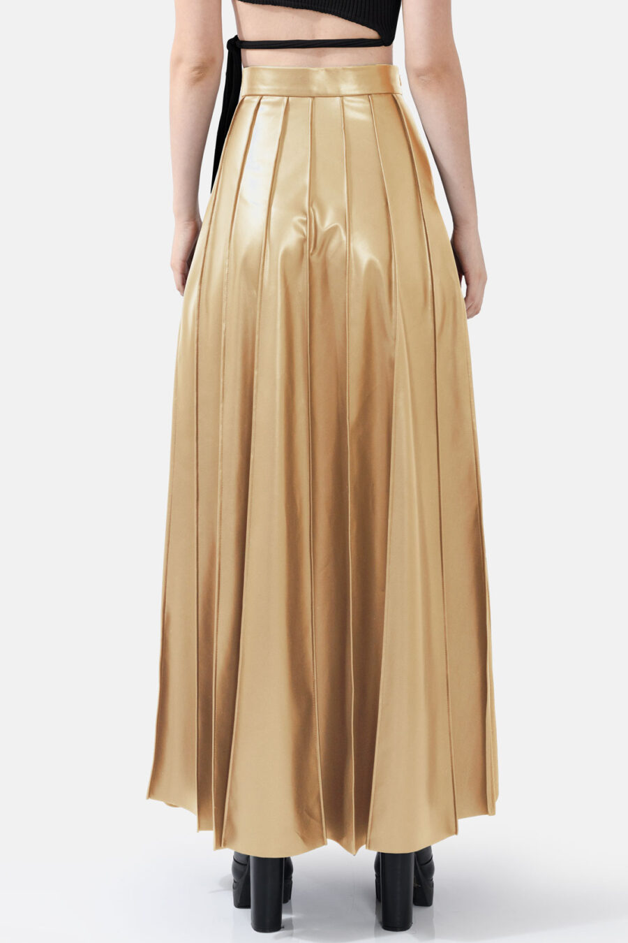 Gold Pleated Vegan Leather Midi Skirt Kargede Designer Skirt Back Avila - Solace – Pleated Gold Vegan Leather Maxi Skirt