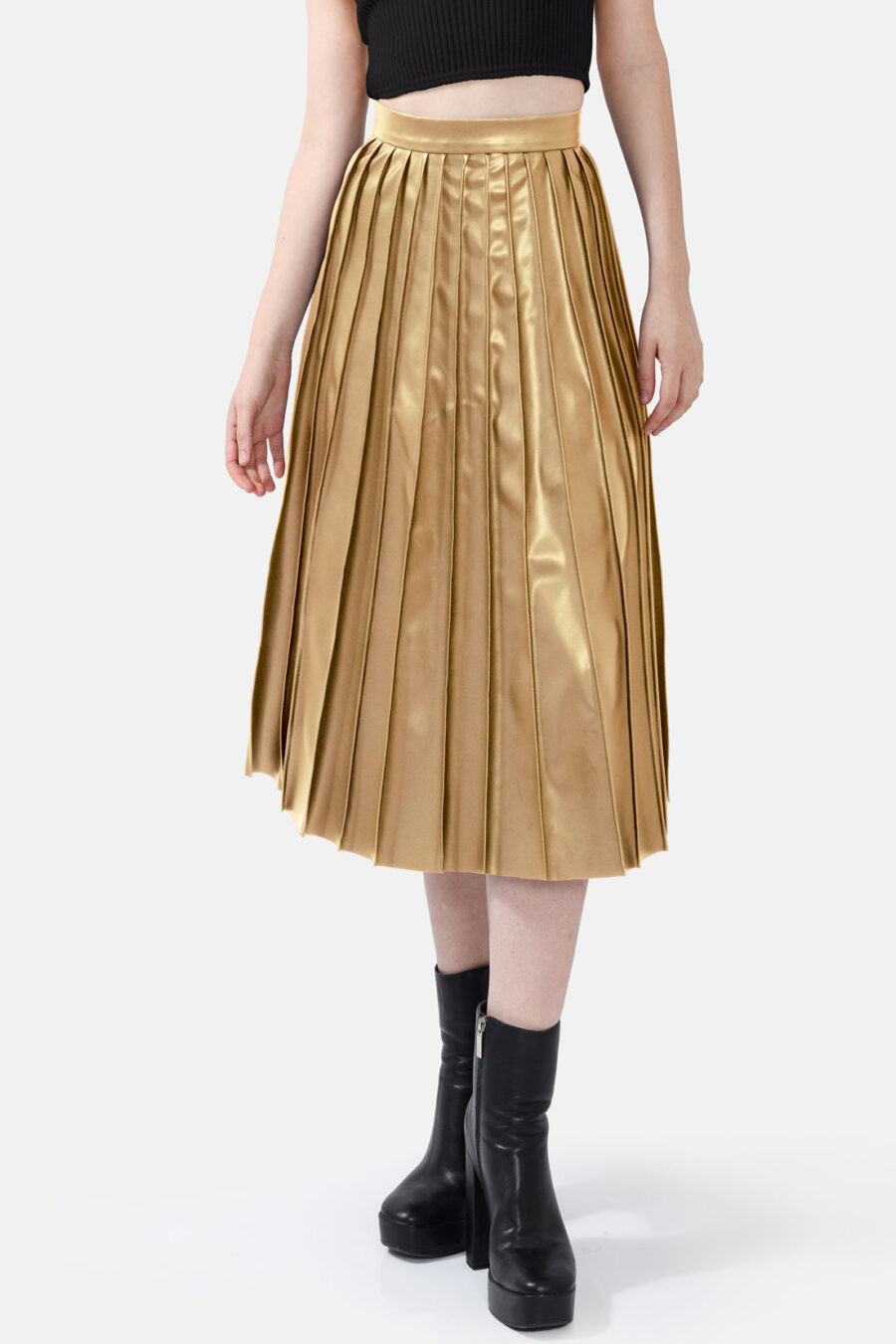 Gold Pleated Vegan Leather Midi Skirt Kargede Designer Skirt Front Avila - Solace – Pleated Gold Vegan Leather Midi Skirt