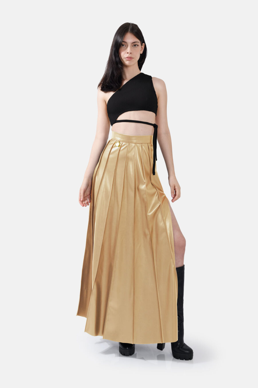 Gold Pleated Vegan Leather Midi Skirt Kargede Designer Skirt Front Avila - Solace – Pleated Gold Vegan Leather Maxi Skirt