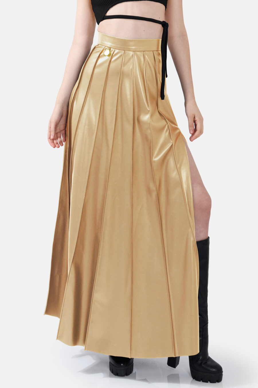 Gold Pleated Vegan Leather Midi Skirt Kargede Designer Skirt Front Avila Close - Solace – Pleated Gold Vegan Leather Maxi Skirt