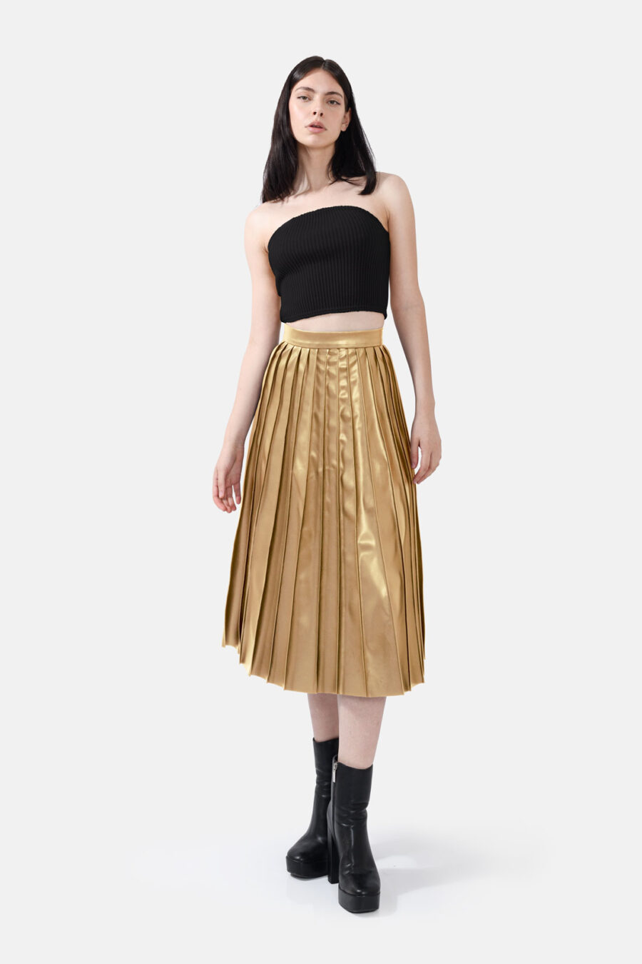 Gold Pleated Vegan Leather Midi Skirt Kargede Designer Skirt Front Avila Out - Solace – Pleated Gold Vegan Leather Midi Skirt